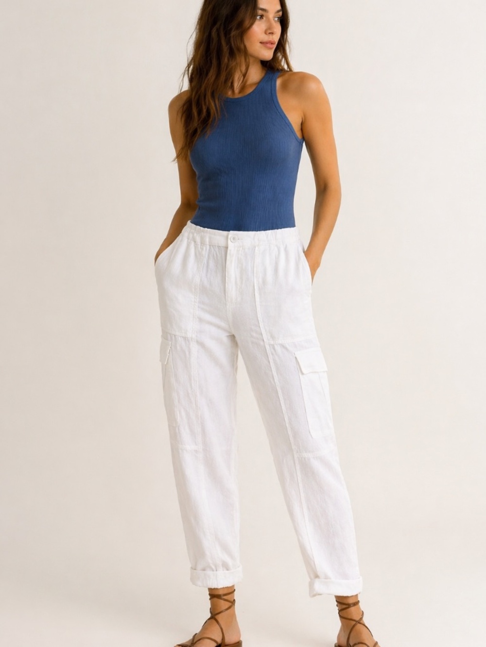 Minimalist White Linen Blend‎ Cargo Pants Tapered Leg Lightweight Relaxed Fit